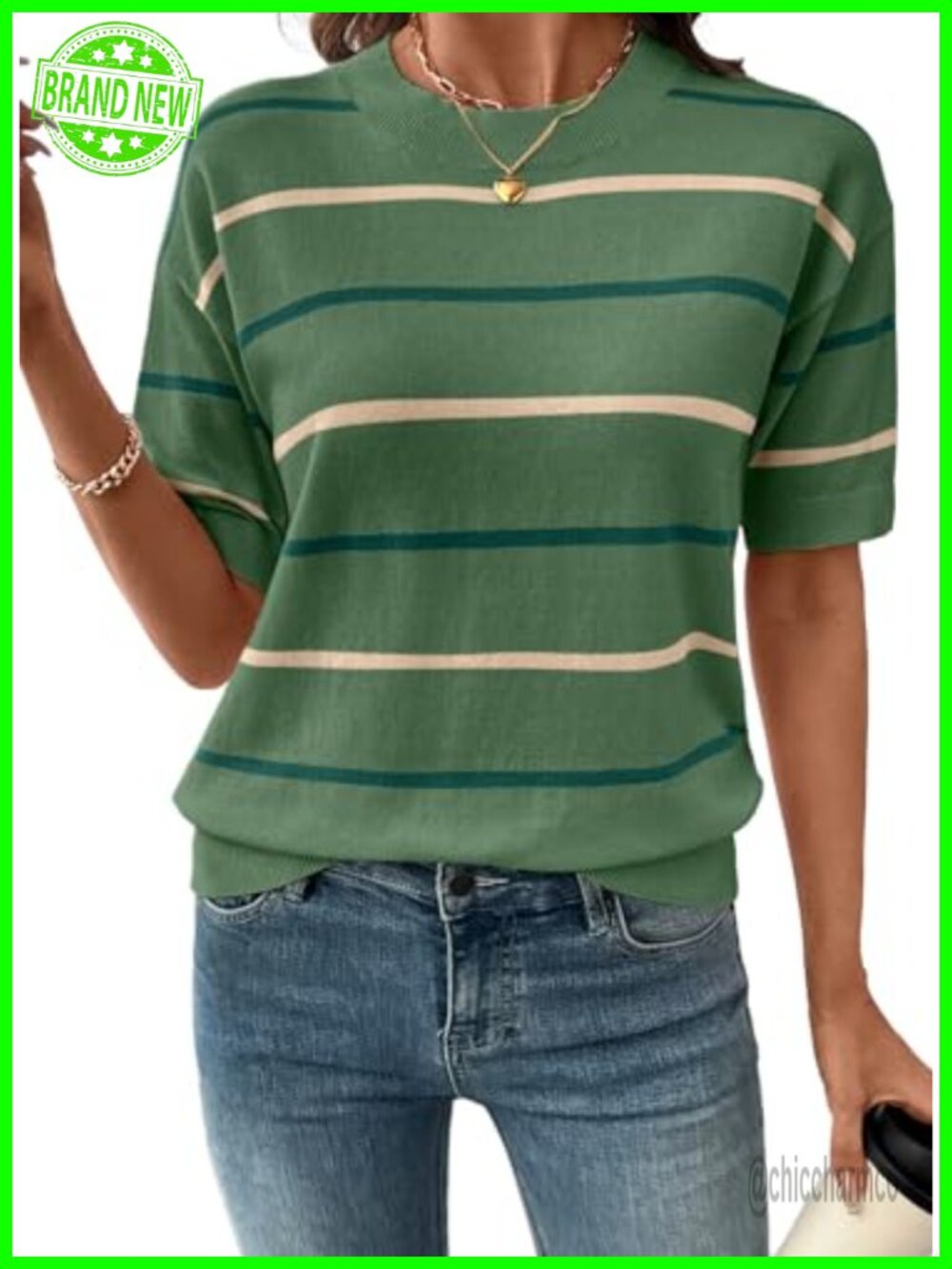 SHEWIN Womens Crewneck Short Sleeve Striped Sweater Pullover Knit Top